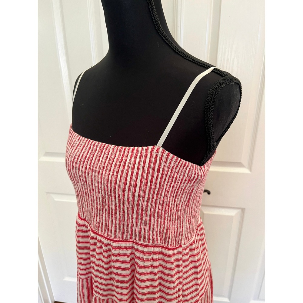 Doe & Rae Red White Striped Smocked Tiered Sundress Seersucker Midi L